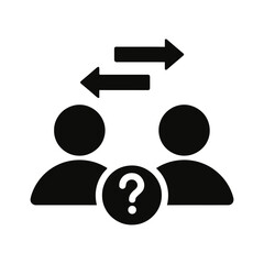 Black icon representing two people with a question mark between them and arrows indicating exchange or communication