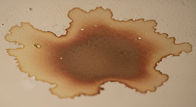 A close up of a large water stain on a white ceiling with brown and tan discoloration