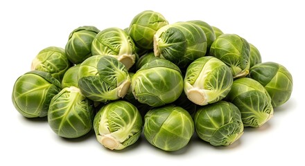 Fototapeta premium Pile of Fresh Brussels Sprouts Isolated on a White Background, Healthy Green Vegetable