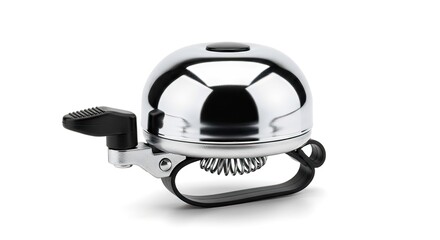 Shiny chrome bicycle bell for safety and warning signals, an essential cycling accessory mounted on a bike handlebar, isolated on a white background
