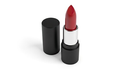 Vibrant Red Lipstick in an Elegant Black Tube, Partially Open, Symbolizing Beauty and Cosmetic Allure on a Clean White Background for Glamour and Style