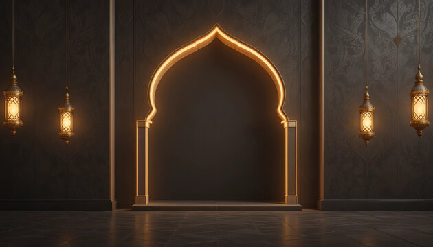 Soft golden islamic arch light on dark background, elegant Ramadan theme,