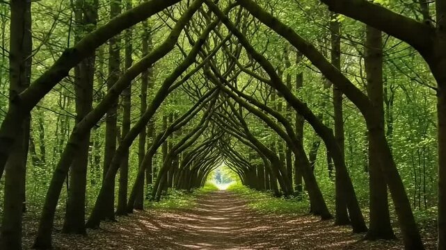 Enchanting Forest Path Lined With Intertwined Trees.