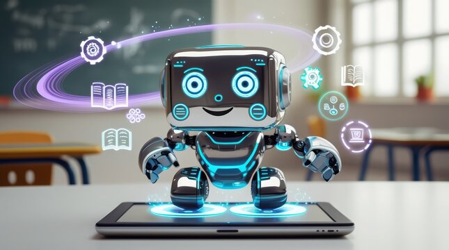 Cute robot with glowing blue circuits on tablet in modern classroom