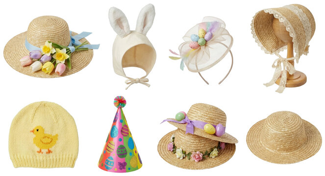 set of an easter hat in different forms, with flowers, bunny ears and eggs isolated on a transparent background