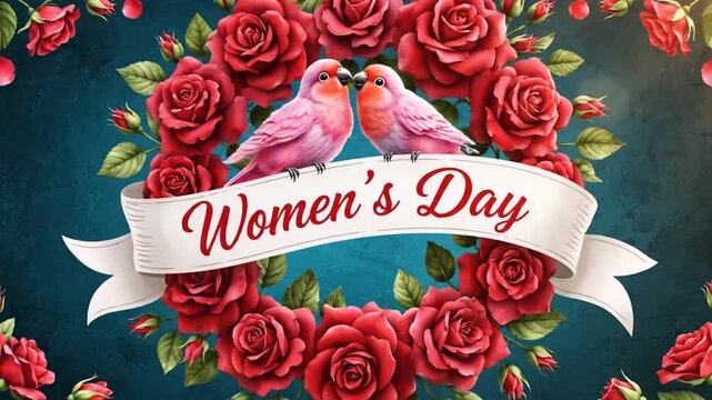 Women's Day banner with pink birds, red roses, and petals