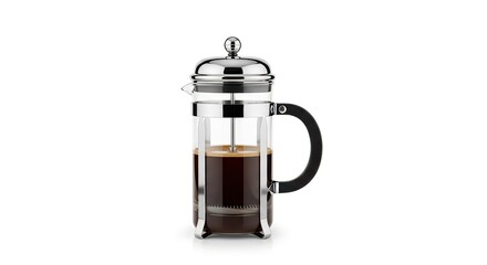Obraz premium Elegant Chrome and Glass French Press Brewing Rich Coffee for a Perfect Morning Beverage Against a Clean White Background