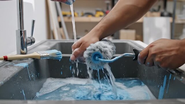 Cleaning Paint Rollers In Sink During Tool Cleanup Video.