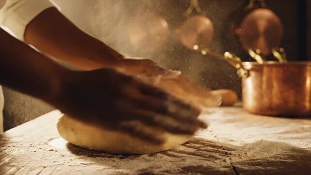 Close-up of a hand kneading dough on a wooden countertop with flour dust and copper cookware in the background, showcasing a traditional baking process
