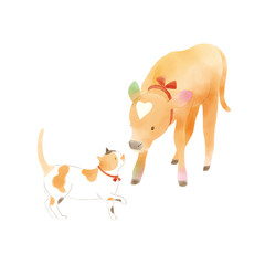 仲良しの子牛と猫 © Atelier maimai