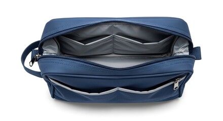 Navy Blue Toiletry Bag Open with Multiple Compartments and Zippers, Ready for Travel Essentials