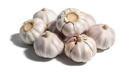 Pile of fresh garlic bulbs with white background and soft shadows