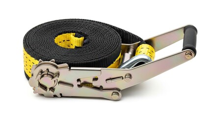 Heavy-duty black and yellow ratchet strap with a robust metal tensioning mechanism, essential for securing and stabilizing diverse cargo