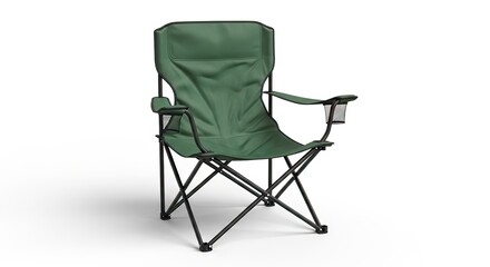 Sturdy green foldable camping chair with armrests and cup holder for convenient outdoor relaxation and portability, isolated on a white background