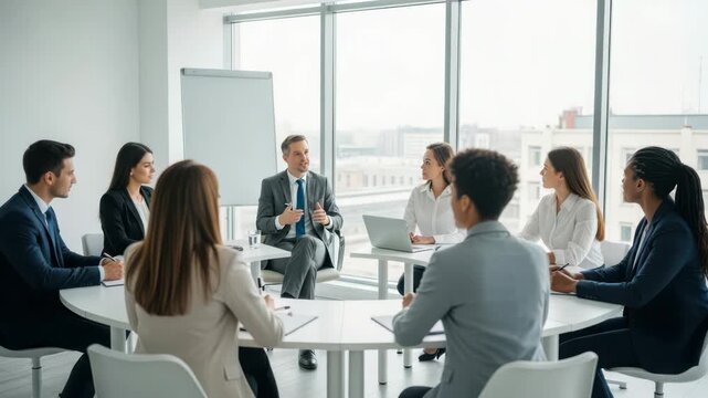 Diverse group of business professionals in a meeting around a round table with a whiteboard