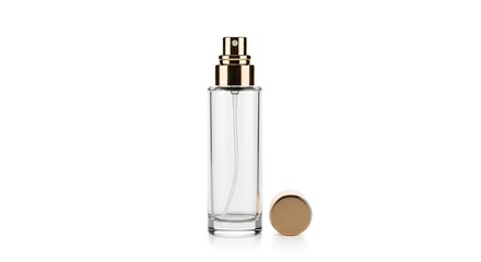 Clear glass perfume bottle with gold spray top and cap, isolated on white background studio shot