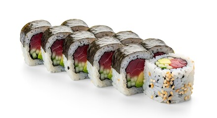 Delicious fresh tuna and avocado maki sushi rolls, a healthy and vibrant Asian cuisine dish presented on a clean white background