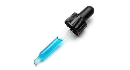 Close-up of a glass dropper containing vivid blue liquid, isolated on a white background, symbolizing precision in science, medicine, and chemical experiments