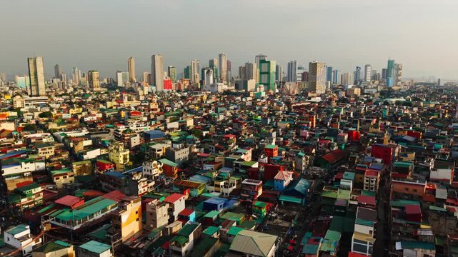 Aerial Push Forward Above Tondo Manila Slum Toward Downtown Skyscrapers
