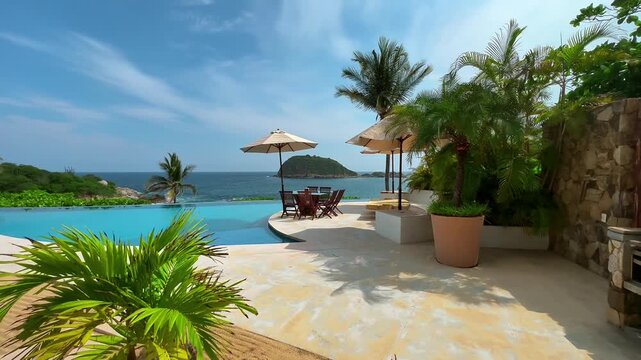 Smooth walkthrough of a luxury villa in Huatulco, Mexico, with palm trees, swimming pool, and ocean view, presenting a tropical vacation lifestyle and premium travel accommodation.