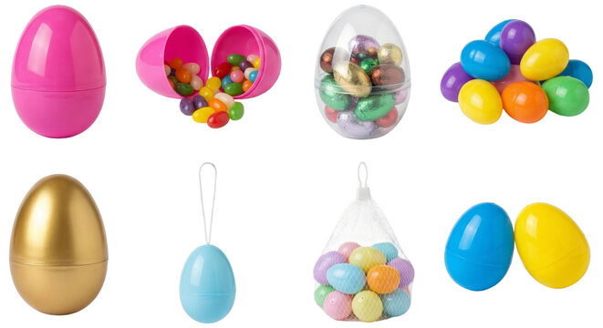 set of a plastic easter egg in different forms, open with candy and in a net isolated on a transparent background