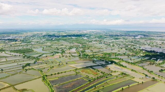 High altitude view of irrigated farmland landscape near Lingayen Philippines