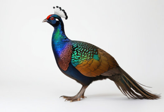 Close-up of Himalayan monal pheasant male, side view, on white background