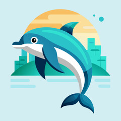 Fototapeta premium Dolphin Jumping Out of Water Near Harbor City