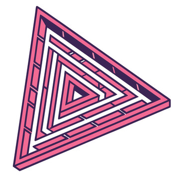 A perspective illustration of a triangular impossible object with pink and purple color scheme design