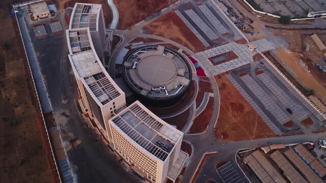 High angle view of the high rise new ECOWAS headquarters and a large courtyard in Abuja, Nigeria