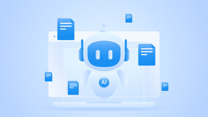 AI workflow automation artificial intelligence. ai agent workflow managing digital documents on desktop interface with floating files and light blue modern technology.
