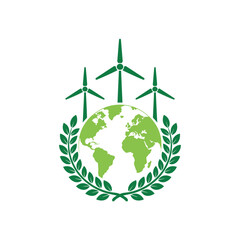 Obraz premium Green earth with wind turbines and laurel wreath symbolizing renewable energy and ecology concept