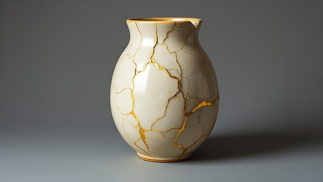 bennington. Shattered ceramic vase repaired with golden lacquer, kintsugi art on simple background. event programs, museum guides, designed for cultural heritage projects and event programs.