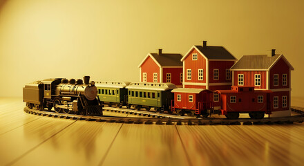 Miniature toy train set and red toy buildings, sitting on a simple wood flooring, faint light in the background