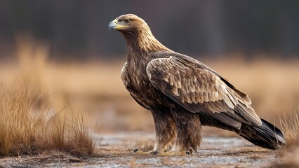 Fototapeta premium Brown Bird of Prey Standing on Wet Ground in Autumnal Landscape