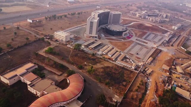 Drone flying towards the new and modern ECOWAS headquarters in Abuja, Nigeria