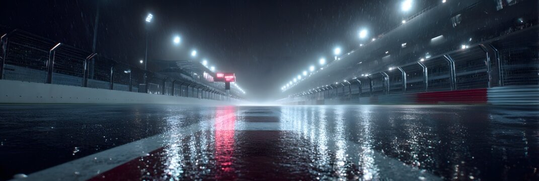 Racing track at night with bright lights reflecting on wet surface and grandstands in background