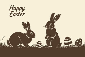 Fototapeta premium Two Easter rabbits with painted eggs in silhouette graphic style on beige background, celebrating Easter holiday concept