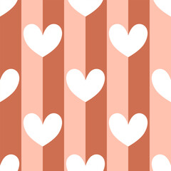 Seamless white heart pattern on terracotta and pink striped background