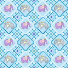 Baby Elephant Geometric Seamless Pattern on Blue Background