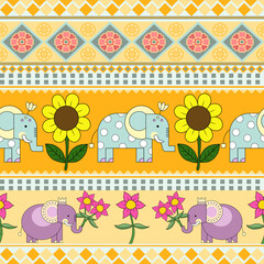 Seamless Ethnic Elephant and Flower Pattern