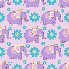 Seamless pattern with cute purple elephants, crowns and flowers