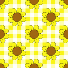 Sunflower seamless pattern on yellow gingham background