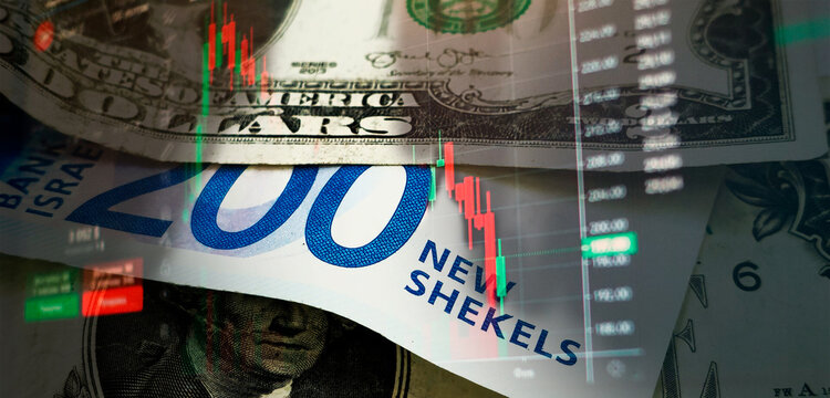 US Dollar and Israeli Shekel with Trading Chart, Forex and Financial Market Concept