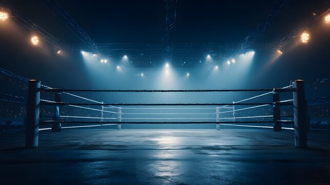 Empty boxing ring with spotlights shining down on the canvas floor in a dark arena