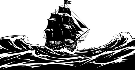 Old Nautical Sailing Ship Ocean Vector Illustration