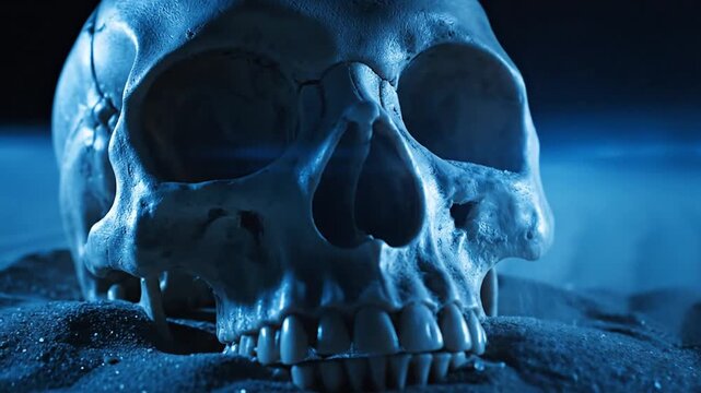 Human skull partially buried in dark blue sand