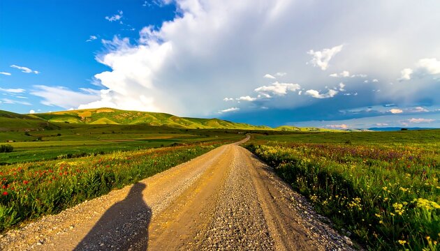 A sunlit dirt road leads through a vibrant, flower-filled field toward rolling green hills under a dramatic, cloudy sky. A shadow is cast