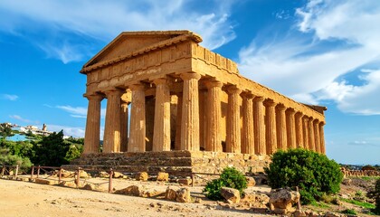 Obraz premium A sunlit ancient Greek temple, its columns and architectural details striking against a clear blue sky, rests upon weathered stones