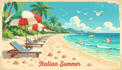 Obraz premium A vibrant retro-style vintage travel poster illustration depicting an idyllic Italian summer beach scene with wooden lounge chairs featuring light blue cushions arranged under large striped beach umbr